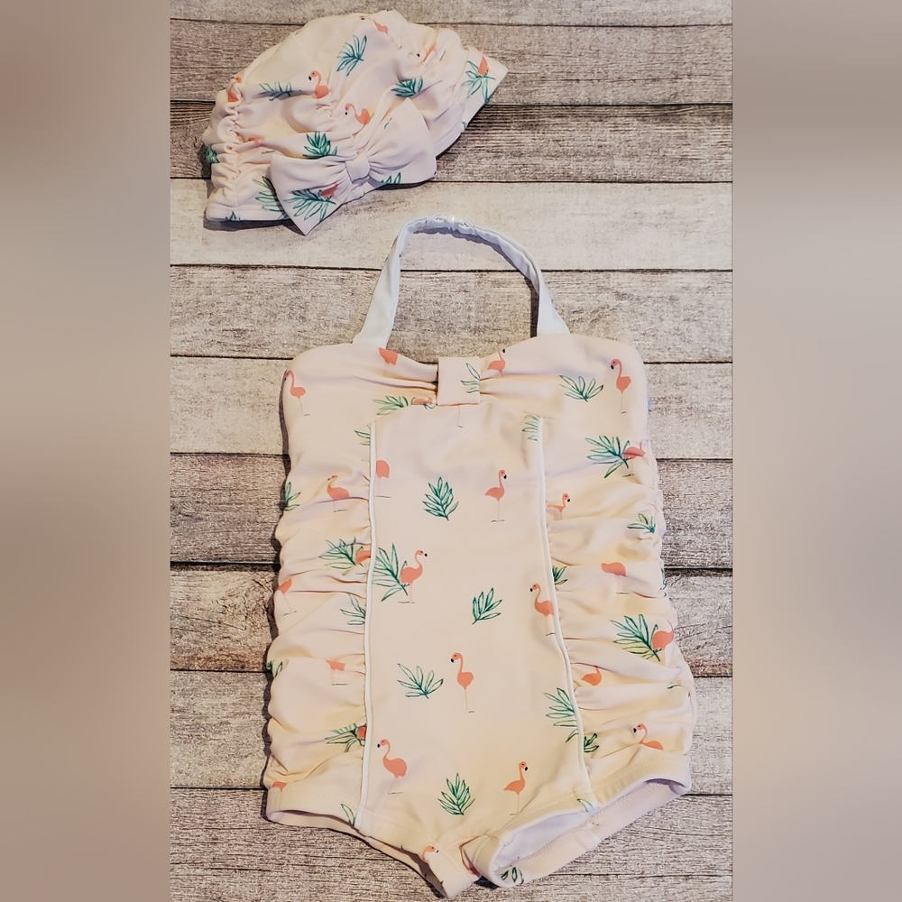 Janie & Jack Paradise Palms Flamingo Print Swimsuit & Cap Baby Girl Size 12-18M